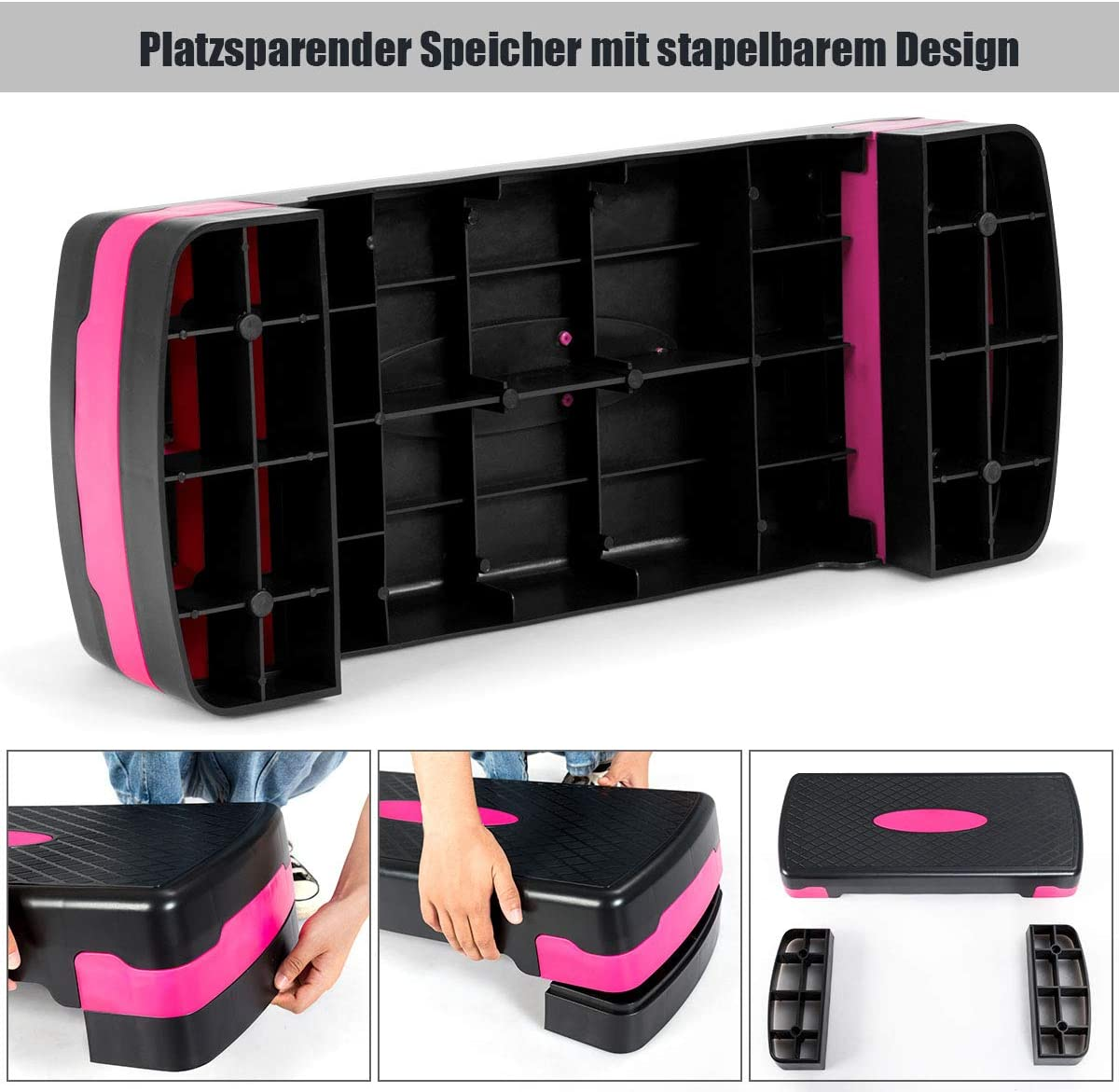 Trittplattform in Schwarz und Pink. Hat ein Textlabel. Zusätzliche Bilder zeigen die Montage.