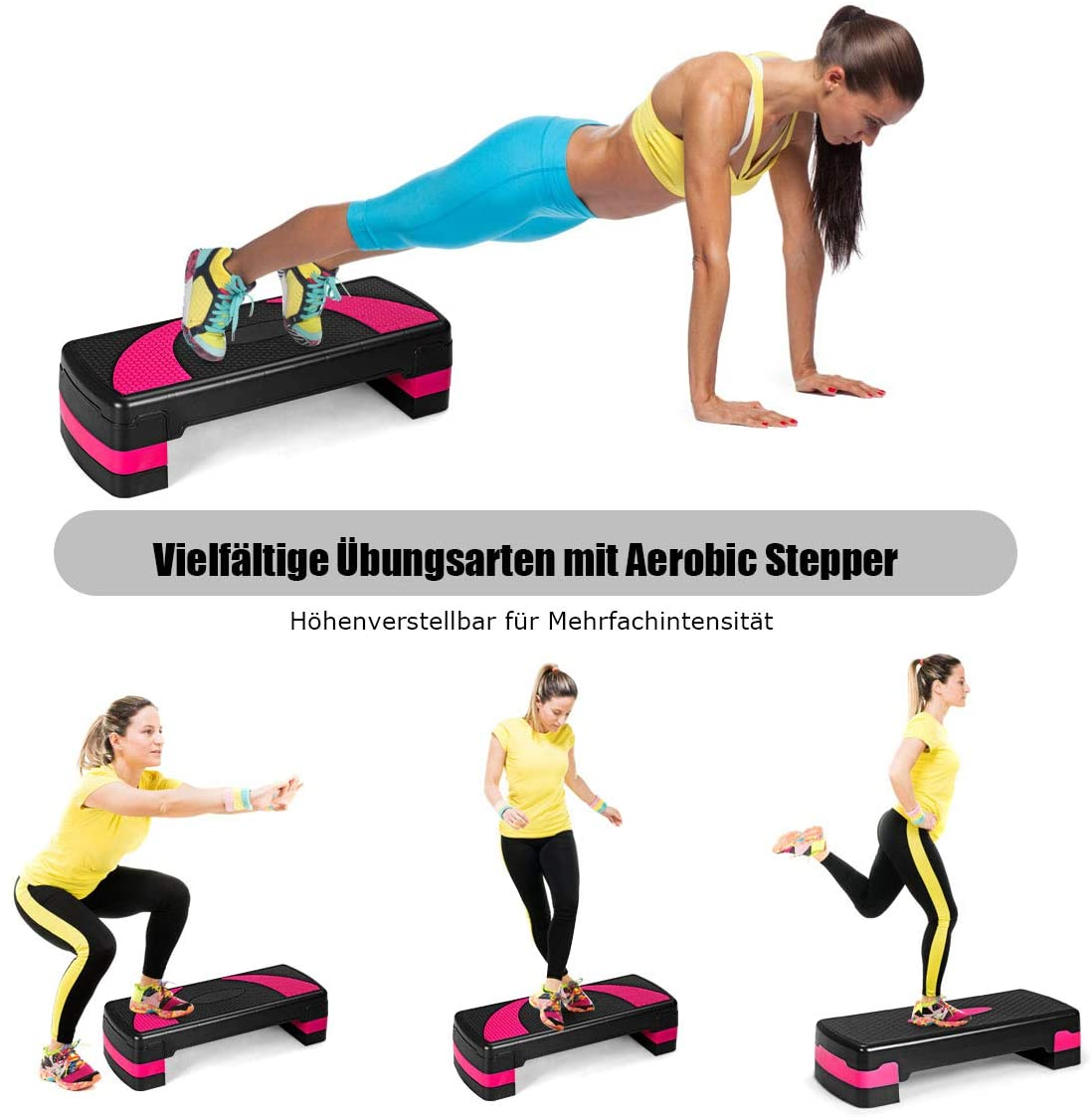 Frau trainiert auf einem Stepper. Aerobic-Stepper und Text. Mehrere Posen.