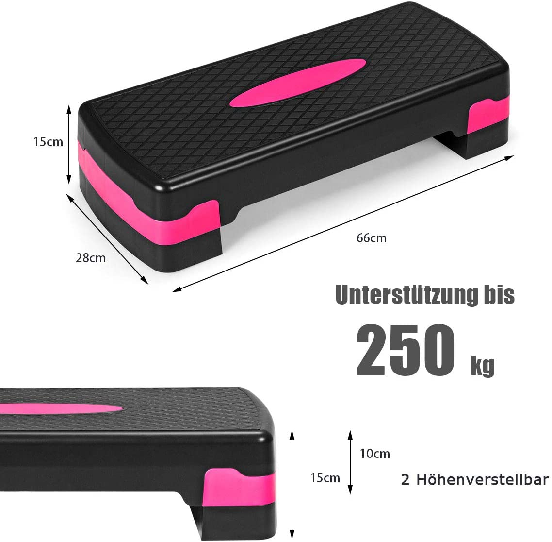 Eine schwarz-rosa Trittplattform mit Maßangaben. Der Text 'Unterstützung bis 250 kg' ist ebenfalls sichtbar.