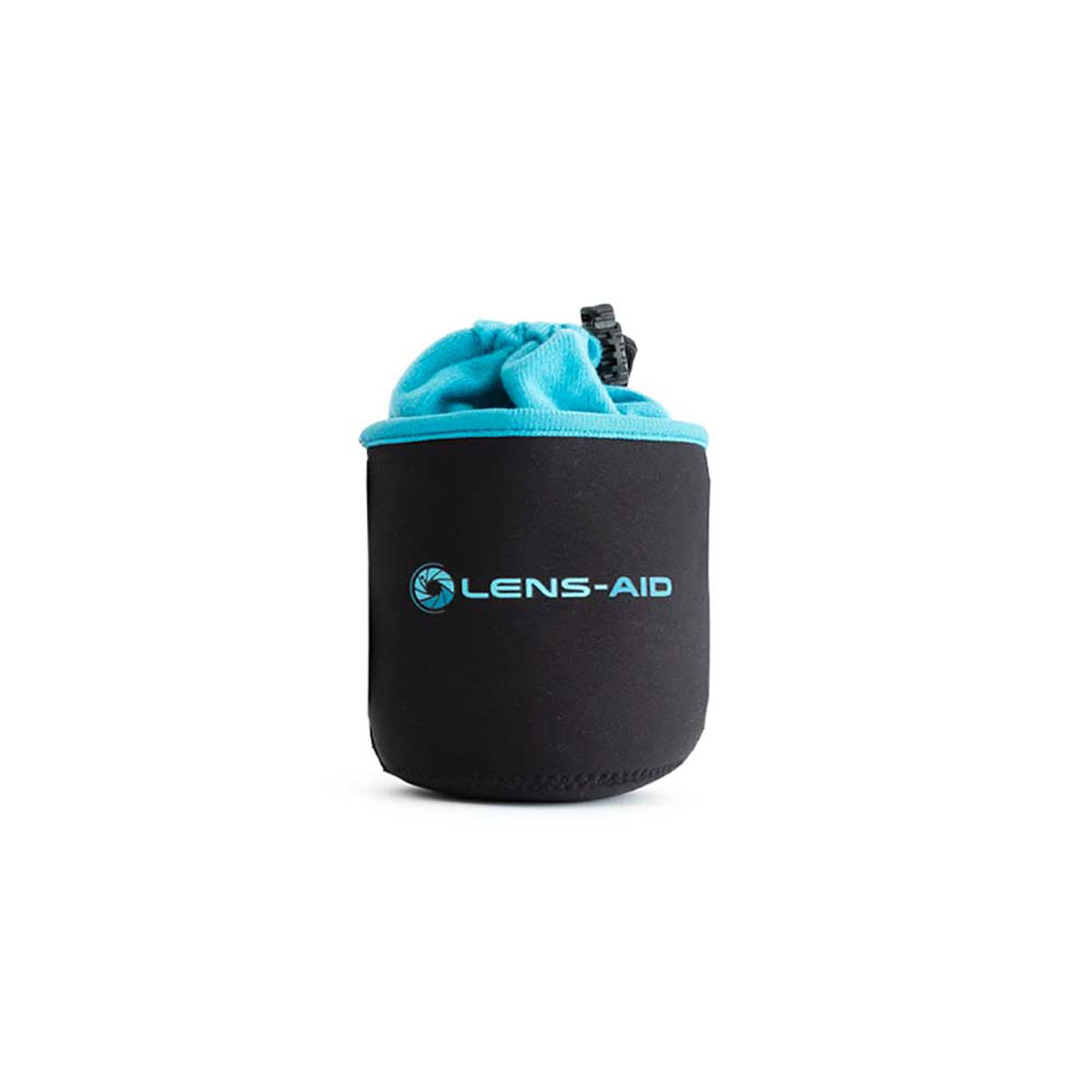 Schwarze Objektivtasche mit blauem Kordelzugverschluss, Logo LENS-AID.