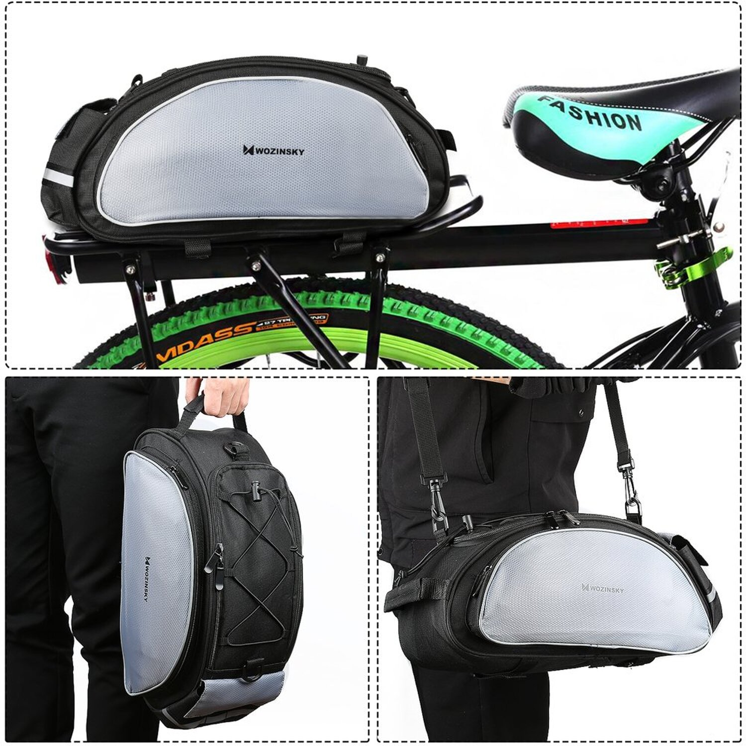 Fahrradtaschen-Set mit drei Ansichten: am Fahrrad montiert, von Hand getragen und auf der Schulter.