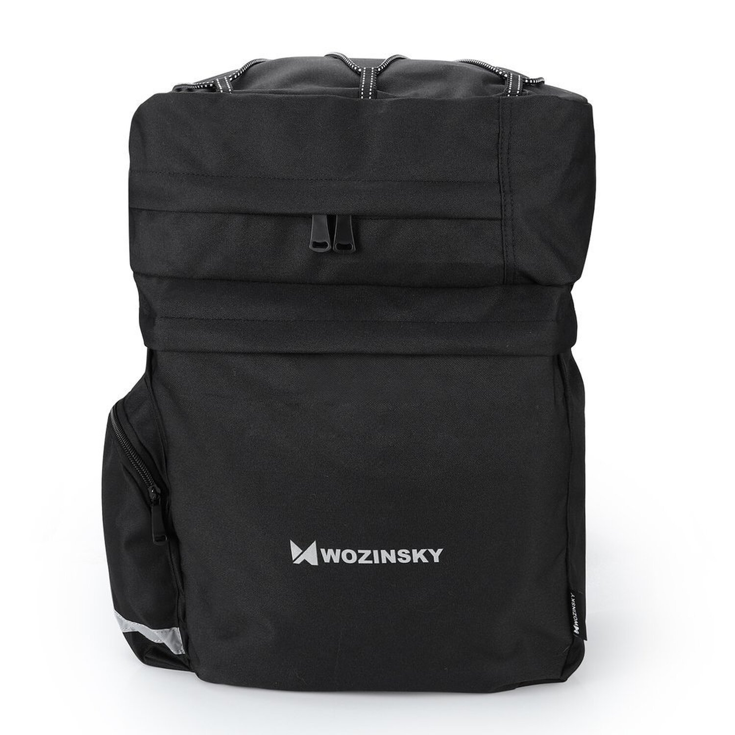 Schwarzer Rucksack. Er hat ein großes Hauptfach, eine Seitentasche und reflektierende Streifen. Die Marke ist 'Wozinsky'.
