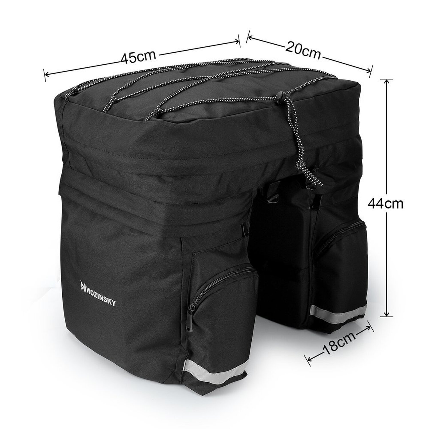 Schwarze Fahrrad-Gepäckträgertasche mit Maßangaben. Merkmale: Seitentaschen und Reflexstreifen.