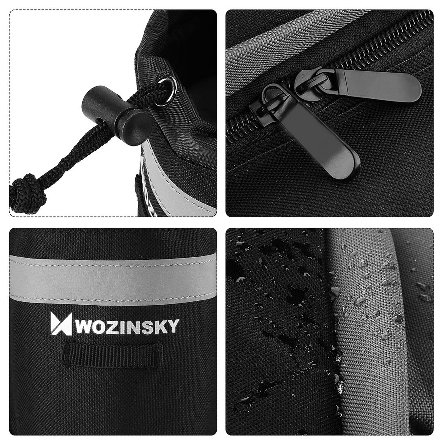 Detail einer schwarzen Tasche mit Reflexstreifen, Kordelzug, Reißverschluss und der Marke "Wozinsky".