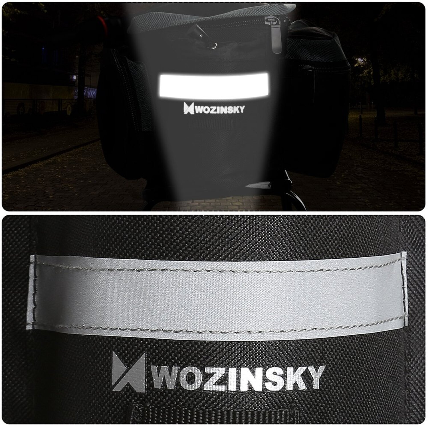 Reflektierendes Material auf einer Tasche, mit dem Markennamen Wozinsky.