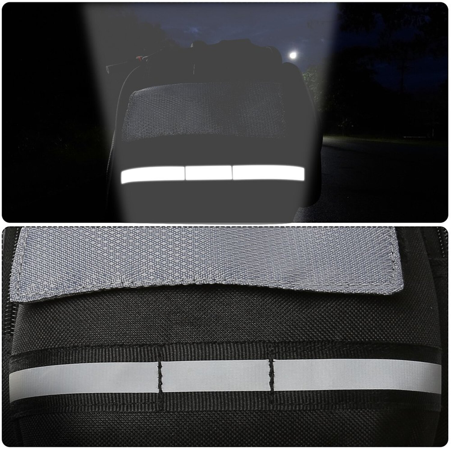 Eine Nachtaufnahme einer schwarzen Tasche mit reflektierenden Streifen, beleuchtet von einem Licht in der Ferne.