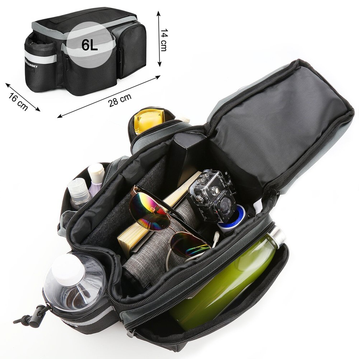 Schwarze und graue Fahrradtasche, offen, mit Gegenständen: Sonnenbrille, Wasserflasche, Kamera und mehr.
