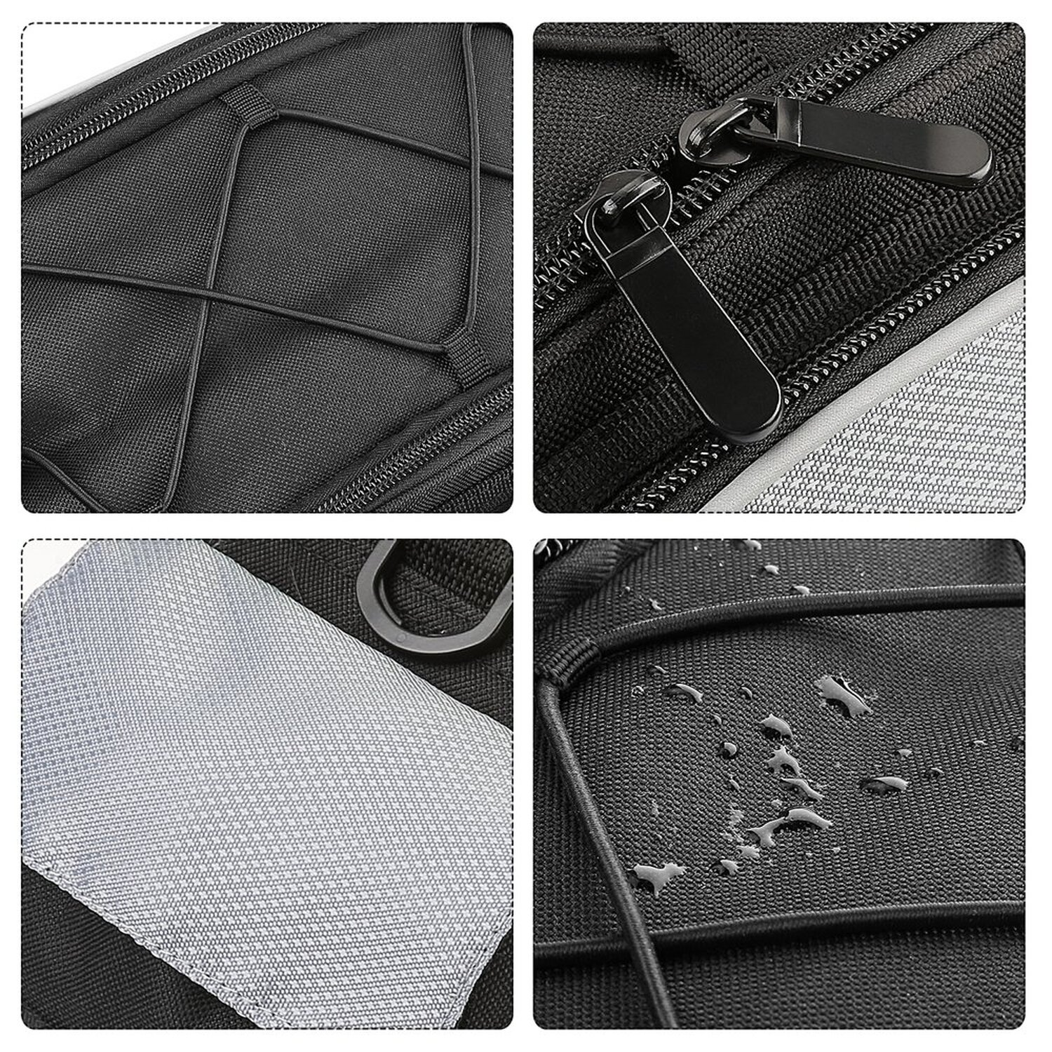 Nahaufnahme einer schwarzen Tasche mit Reißverschlussdetails, elastischen Kordeln und einem grauen Stofffleck.