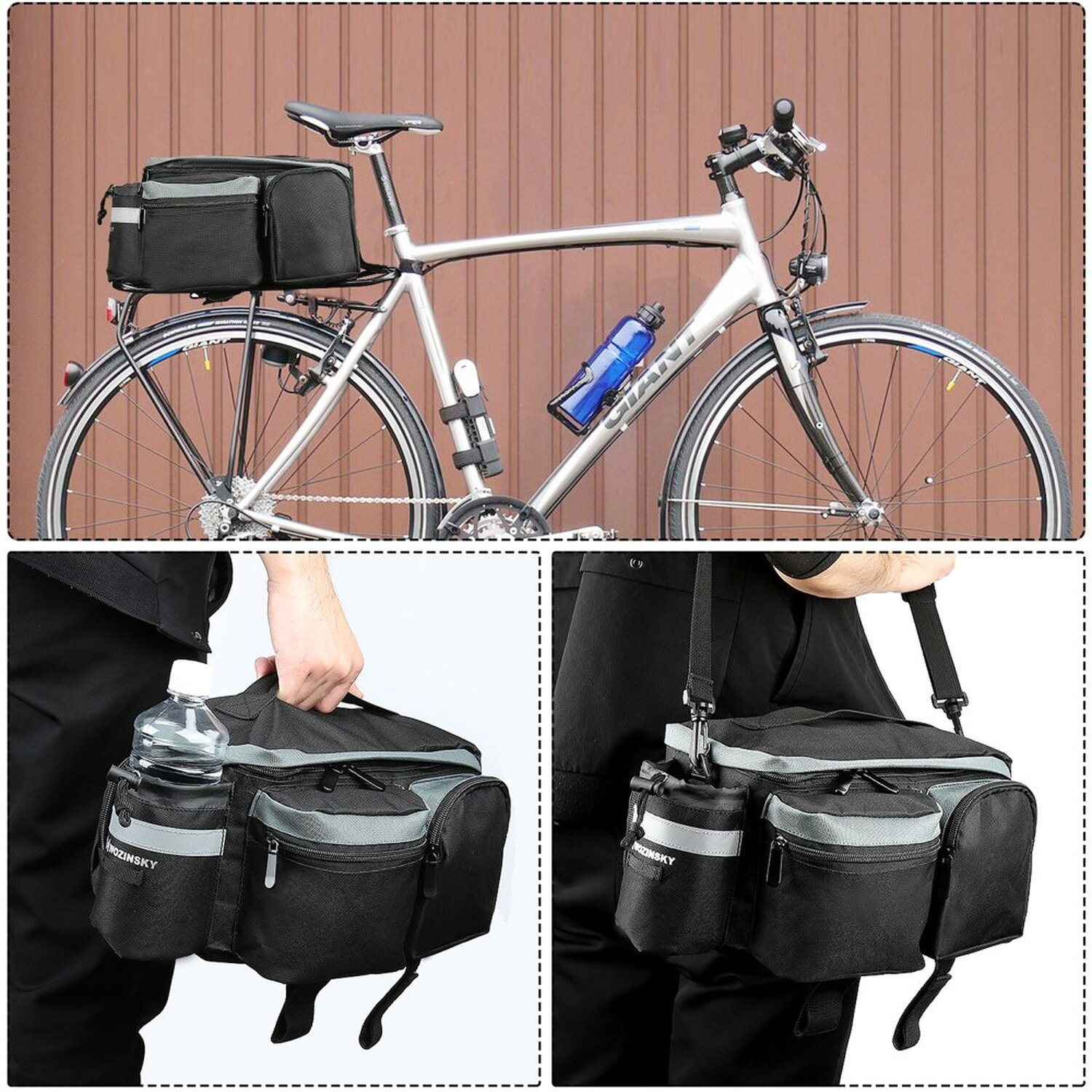 Fahrrad mit Tasche auf dem Gepäckträger und Person mit ähnlicher Tasche.