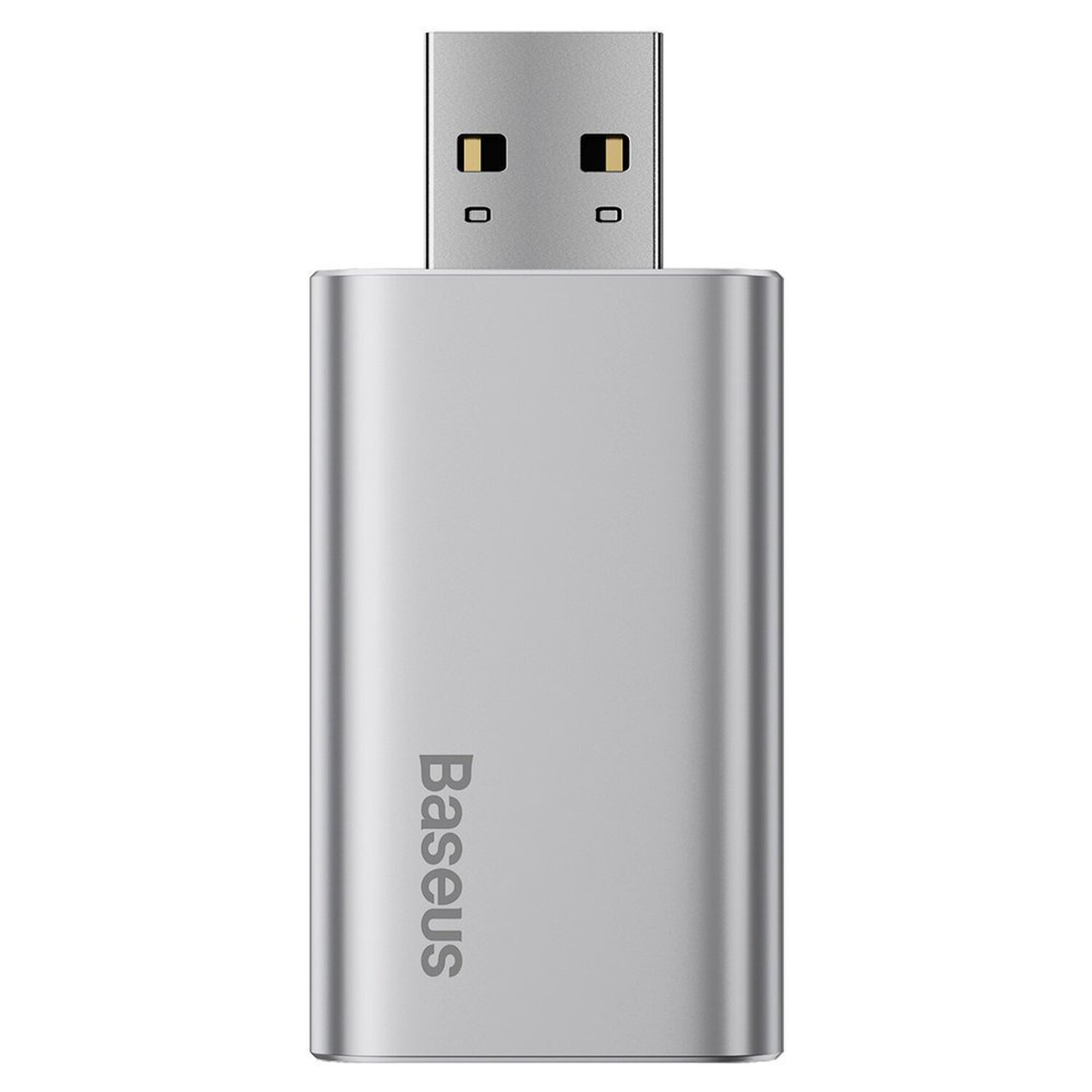 Silberner USB-Adapter mit Baseus-Logo. Der Adapter ist in einen USB-Anschluss gesteckt.