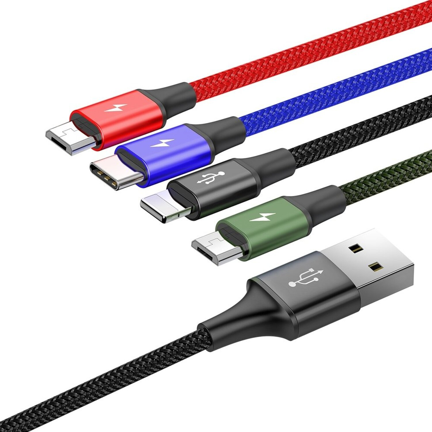Pięć kabli USB z różnokolorowymi złączami: czerwonym, niebieskim, czarnym, zielonym i USB.
