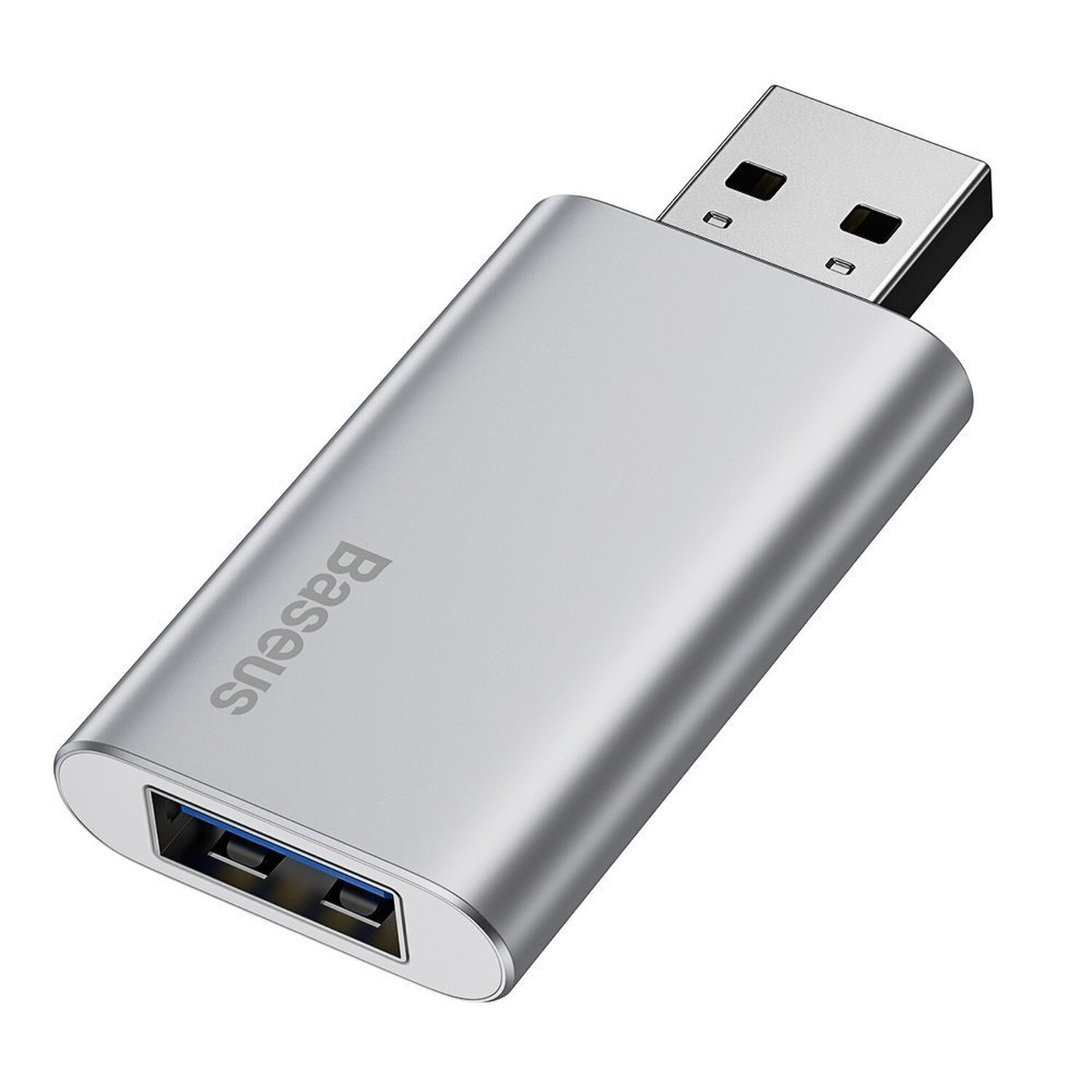 Silberner USB-zu-USB-C-Adapter mit Baseus-Logo, weißer Hintergrund.