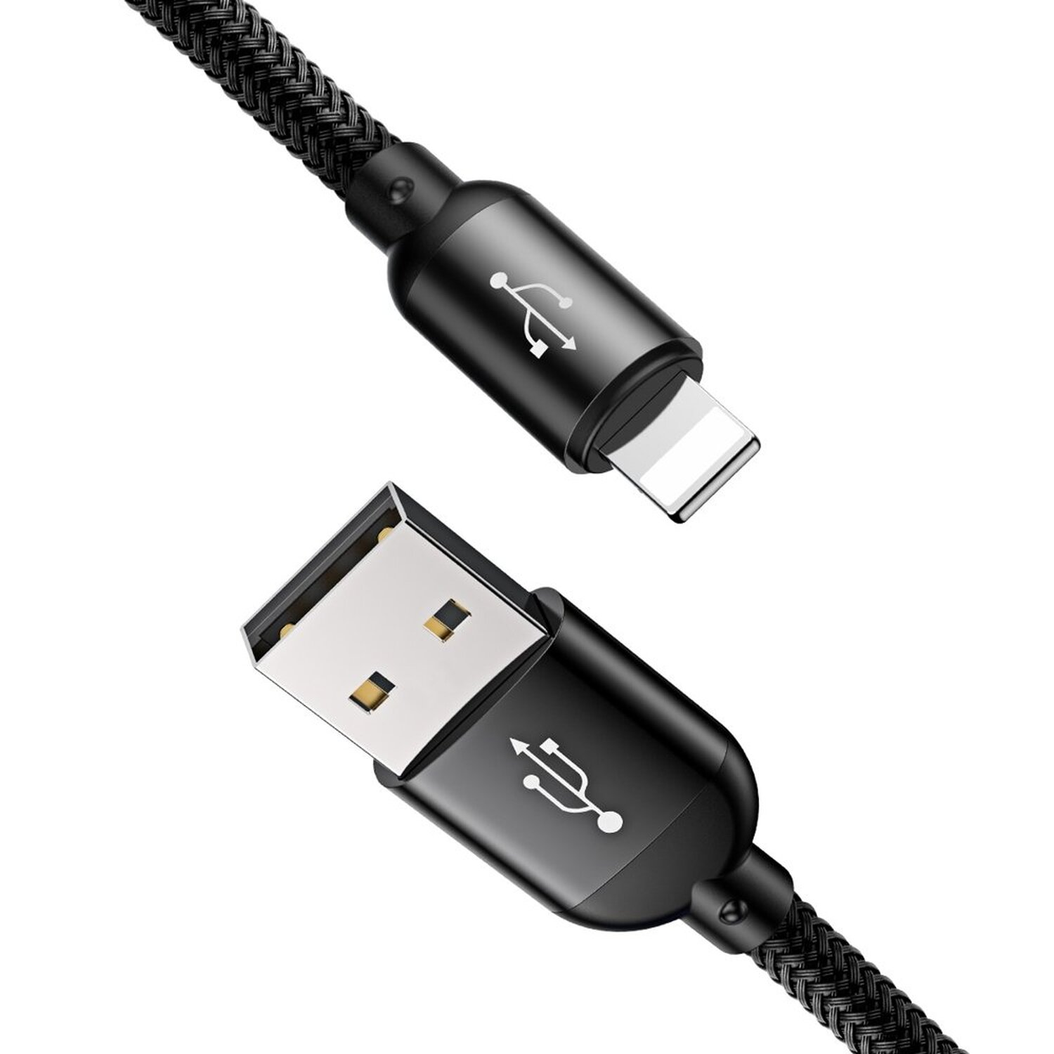 Dwa czarne kable USB, jeden ze złączem USB-A, a drugi ze złączem Lightning.