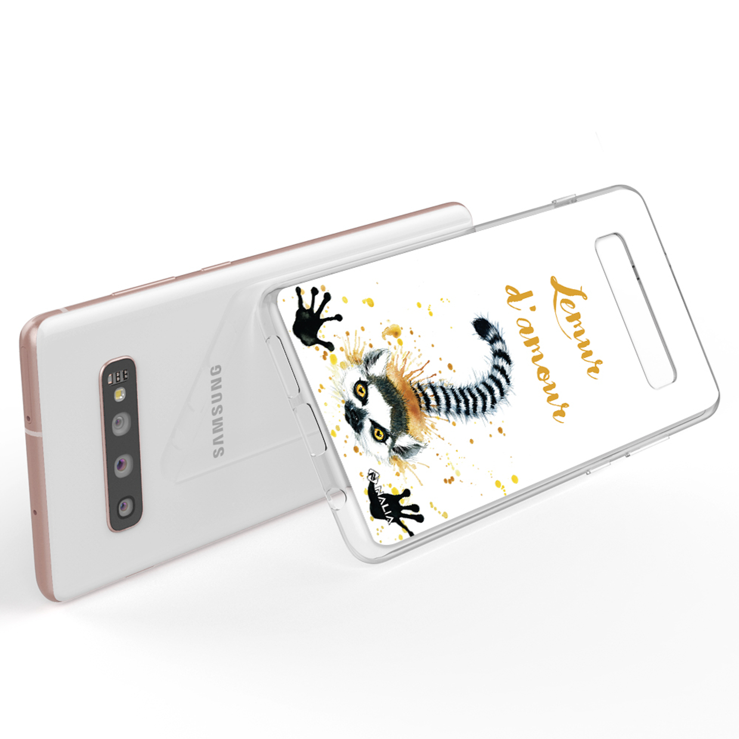 Handy mit Hülle, die eine Lemuren-Illustration und Text zeigt. Hintergrund weiß.