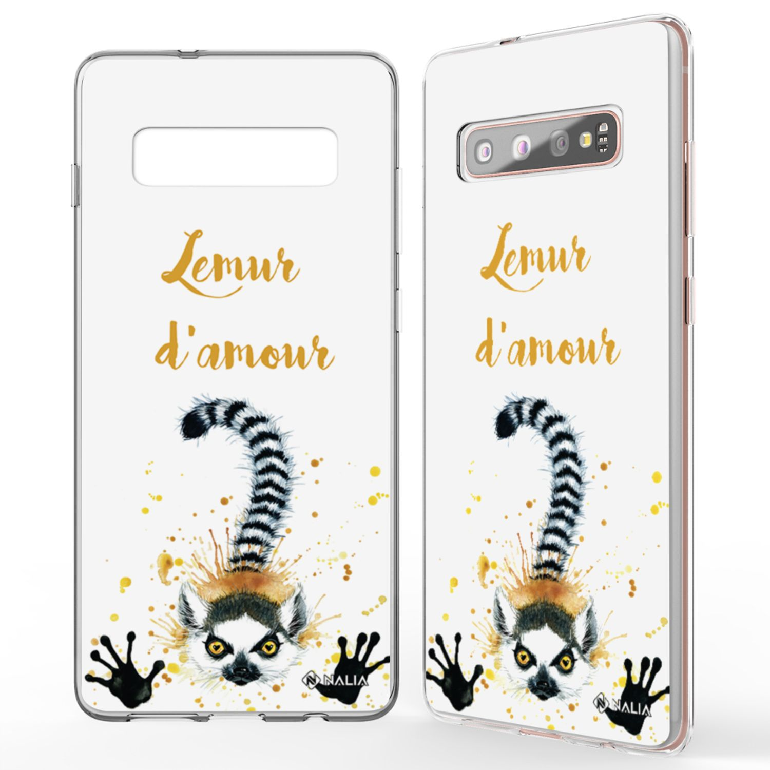 Deux coques de téléphone avec un design de lémurien. L'une montre le dos avec un lémurien et du texte, l'autre l'avant.