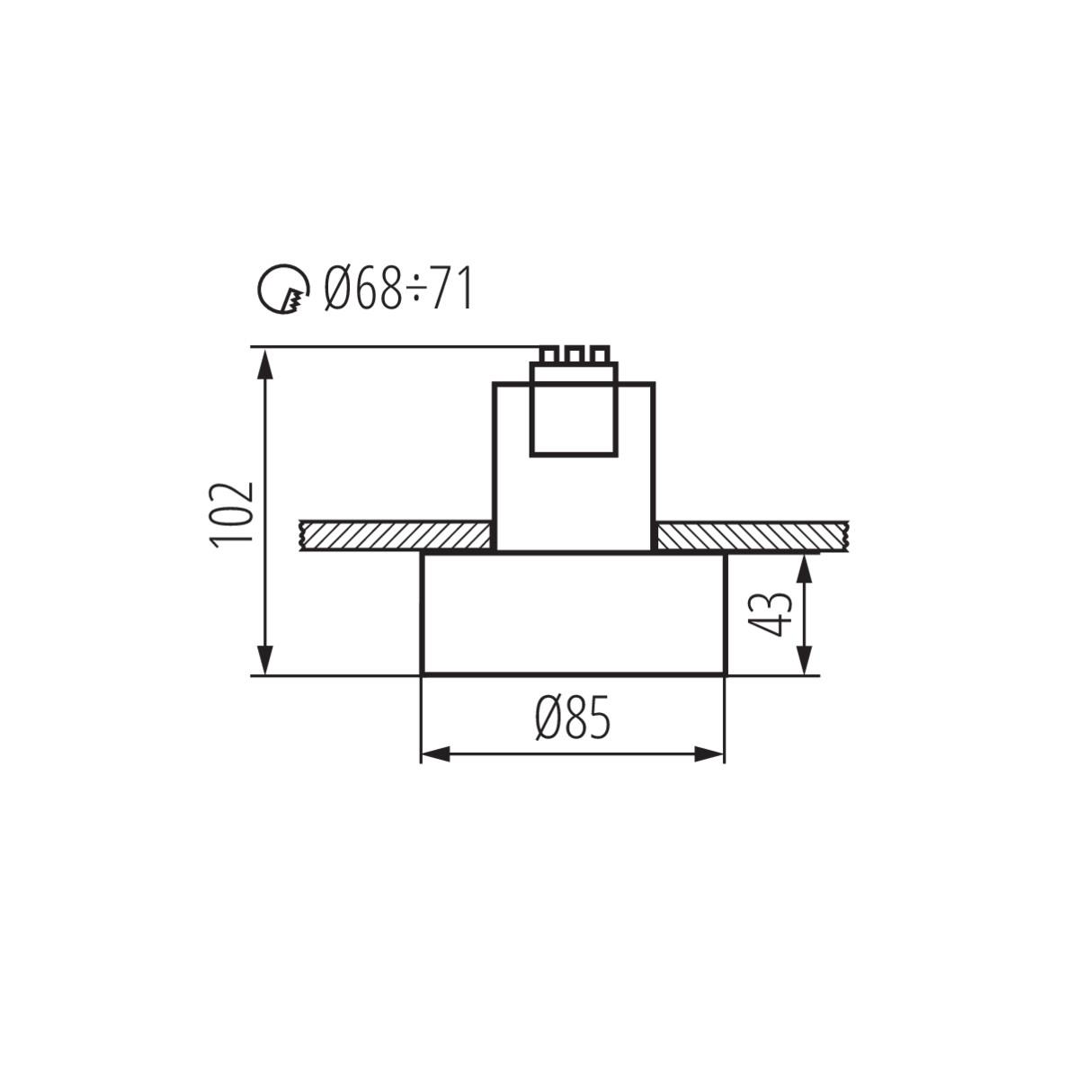 Disegno tecnico di un componente elettrico quadrato con misure ed etichette.