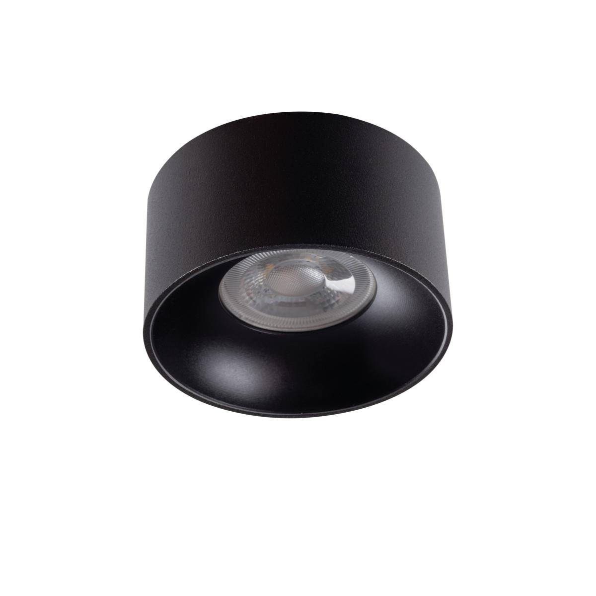 Un faretto da soffitto nero. La lampadina è visibile all'interno dell'apparecchio.