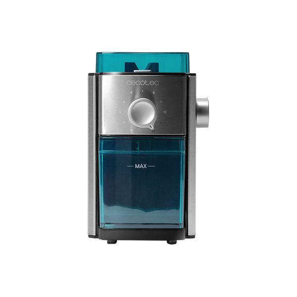 Stalowy i niebieski młynek do kawy z tarczą i przezroczystym pojemnikiem.