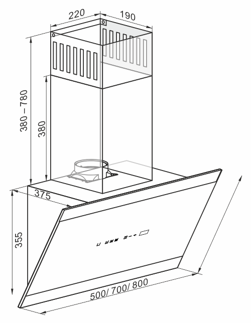 Technische Zeichnung einer Dunstabzugshaube, mit Maßen und Design-Details in Schwarz-Weiß.