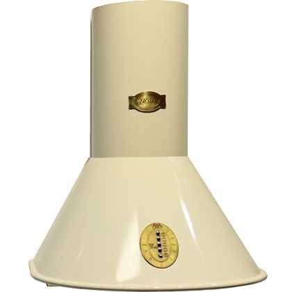 Cremefarbene Küchenhaube. Sie hat ein goldenes Emblem und ein goldenes Zifferblatt.