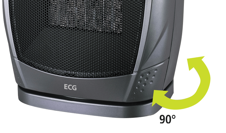 Dunkelgrauer Elektroheizer mit schwarzem Grill. Pfeil zeigt 90 Grad Drehung an.