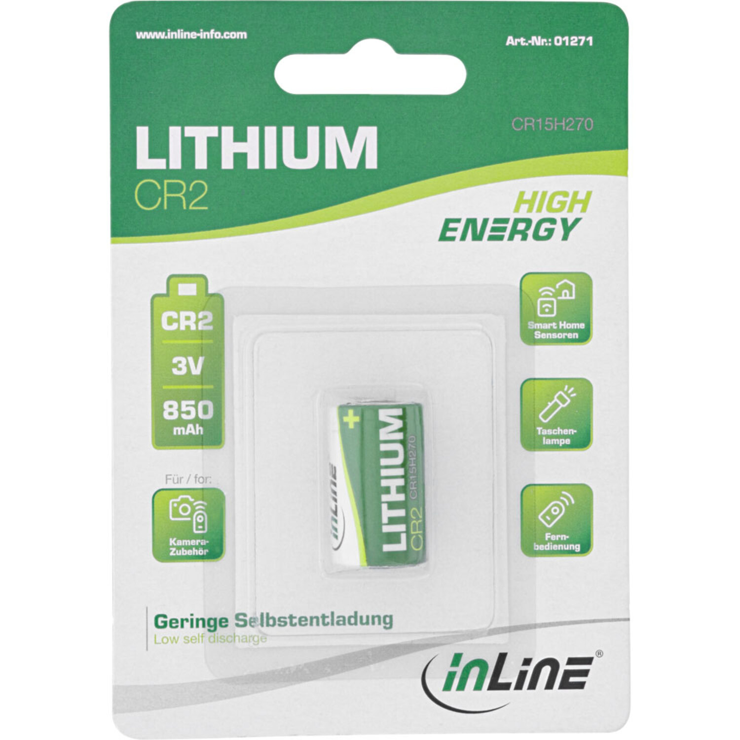 850mAh, Batterie 3V Lithium / Batterien CR2, InLine® Batterien Energy High INLINE Fotobatterie,