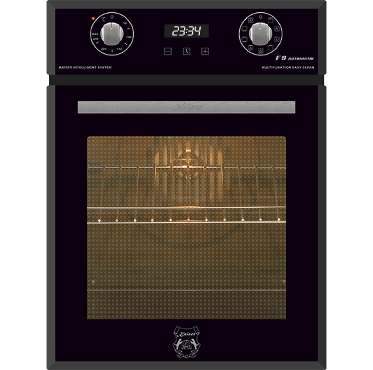 Schwarzer Backofen mit Kaiser-Logo und Digitalanzeige. Die Ofentür ist offen.