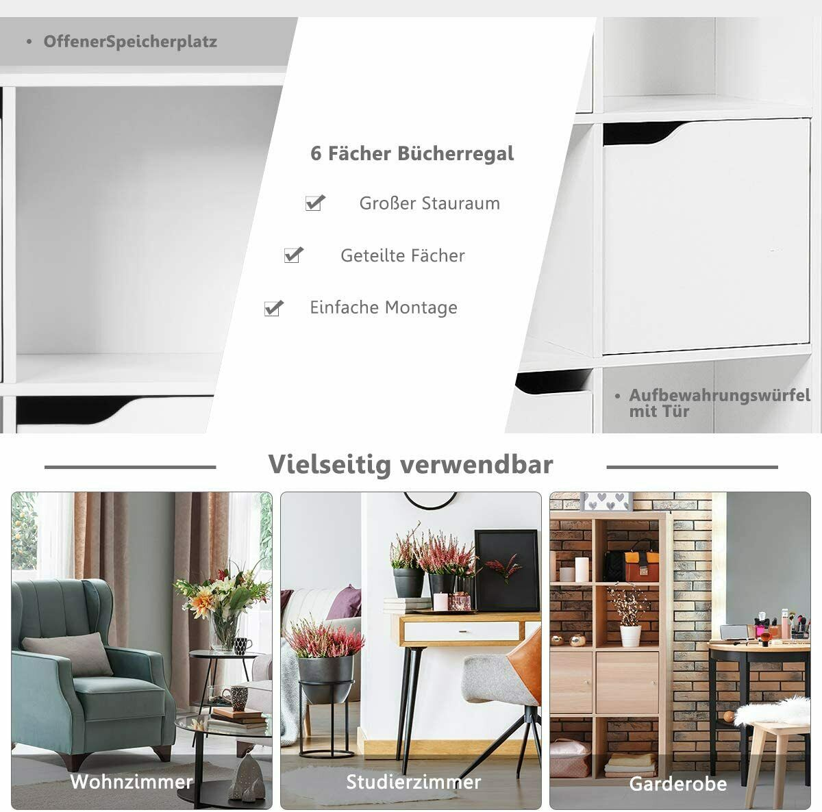 Weißer Schrank mit Text und Bildern von Räumen: Wohnzimmer, Arbeitszimmer und Garderobe. Weißer Hintergrund.