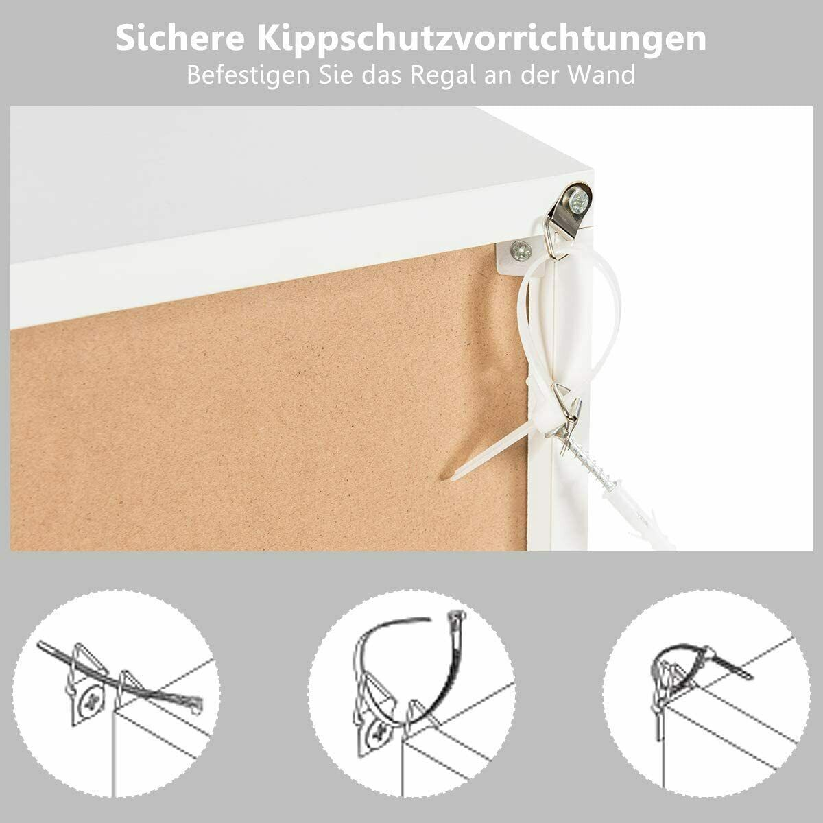 Detail eines weißen Regals mit sicherer Befestigung an der Wand. Nahaufnahme der Regalkante mit Befestigungsmaterial.