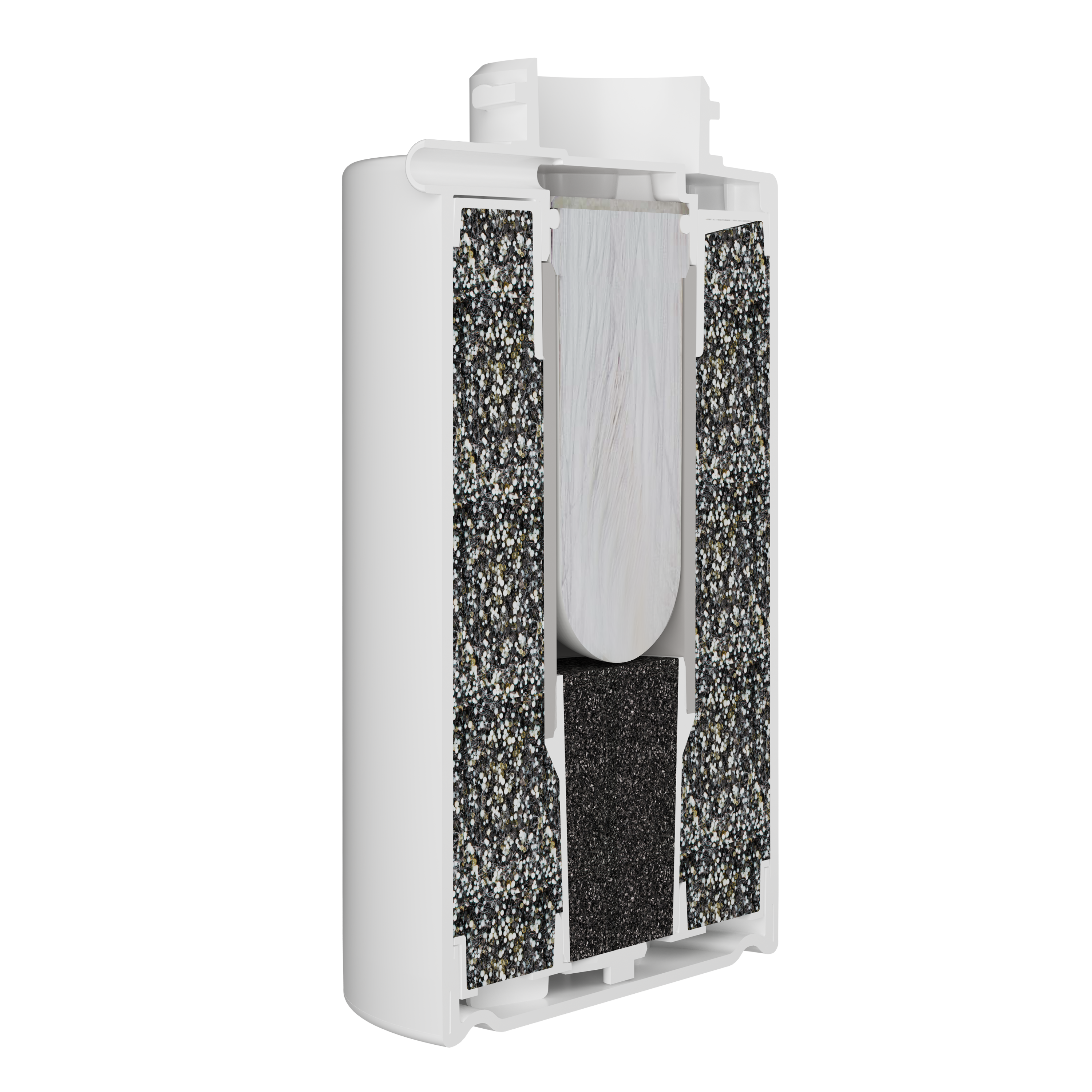 Schnitt eines weißen Wasserfilters, zeigt innere Schichten mit granularen Komponenten.