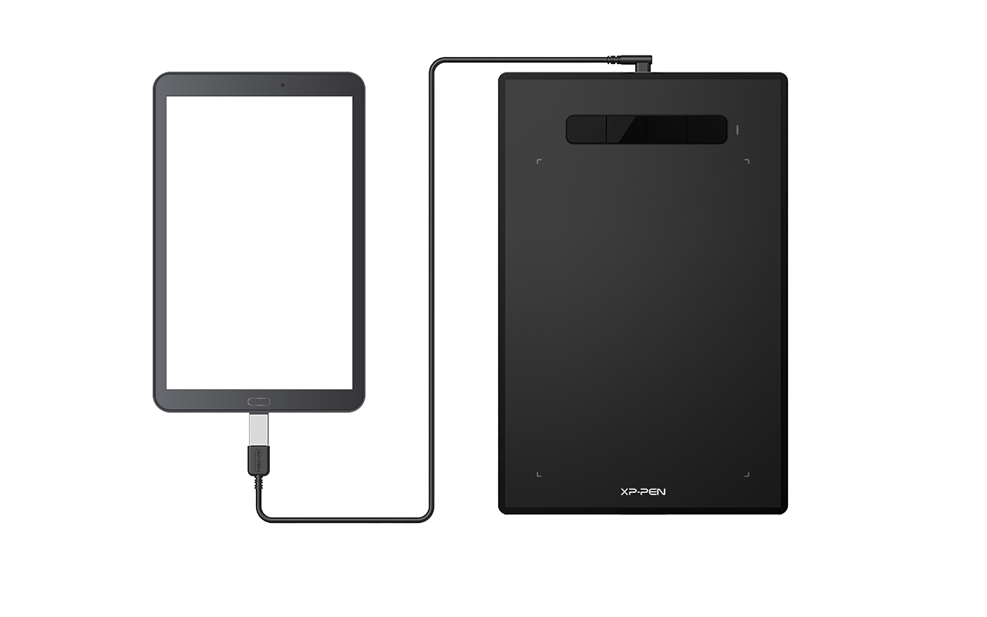 Ein schwarzes Tablet, das über ein Kabel mit einem schwarzen Zeichentablett verbunden ist. Der Bildschirm ist leer.