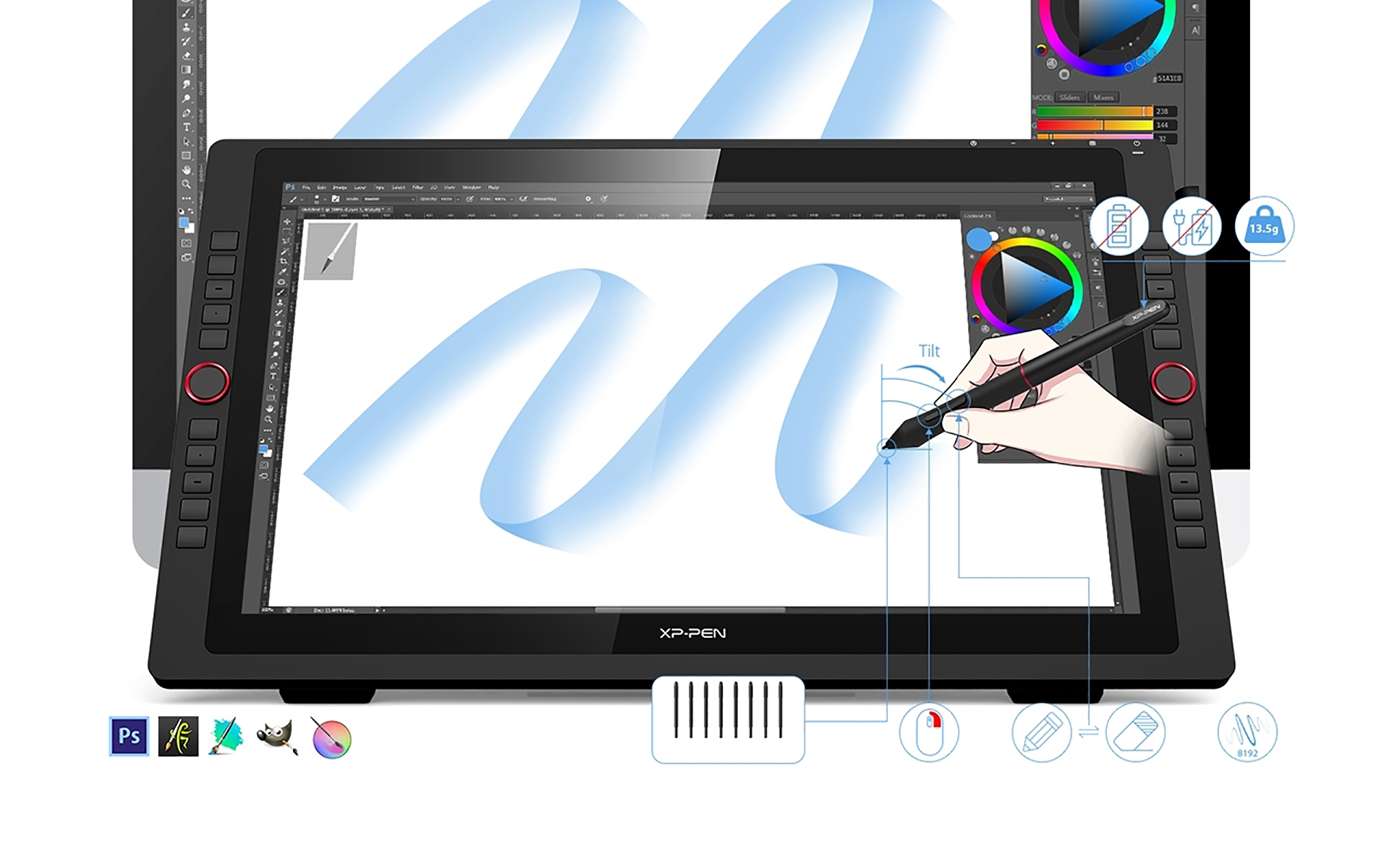 Digitales Kunsttablett mit Stift. Zeichnen auf dem Bildschirm. Weißer Hintergrund.