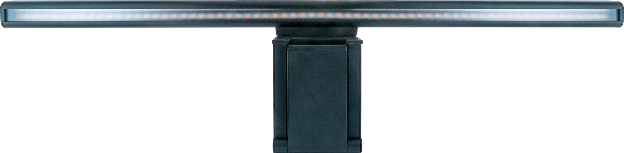 Schwarze LED-Lichtleiste mit dunklem Ständer auf Weiß.