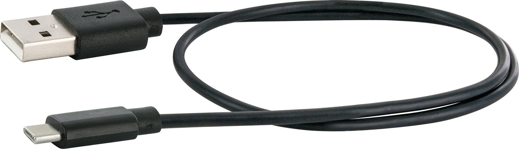 Ein schwarzes USB-zu-USB-C-Kabel mit einem USB-A-Anschluss an einem Ende und USB-C am anderen.