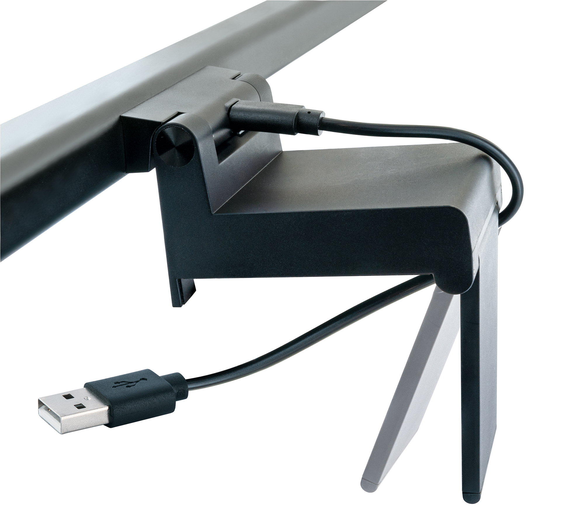 Schwarze USB-C-betriebene Lampe mit USB-Kabel, das an einer schwarzen Halterung befestigt ist.