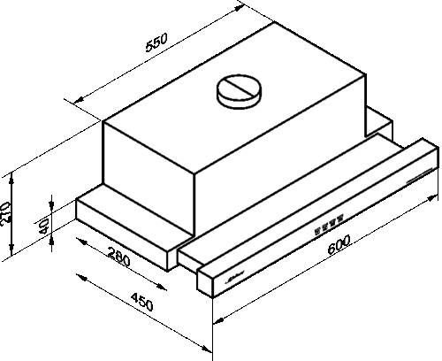 Dibujo isométrico de un objeto rectangular con una parte superior circular y una placa inferior.
