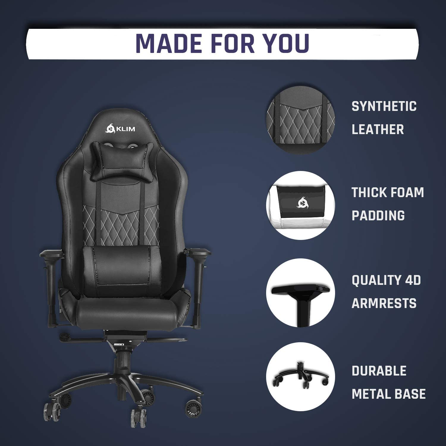 Schwarzer Gaming-Stuhl mit Merkmalen wie Kunstleder, dickem Schaumstoff, hochwertigen Armlehnen und Metallbasis.