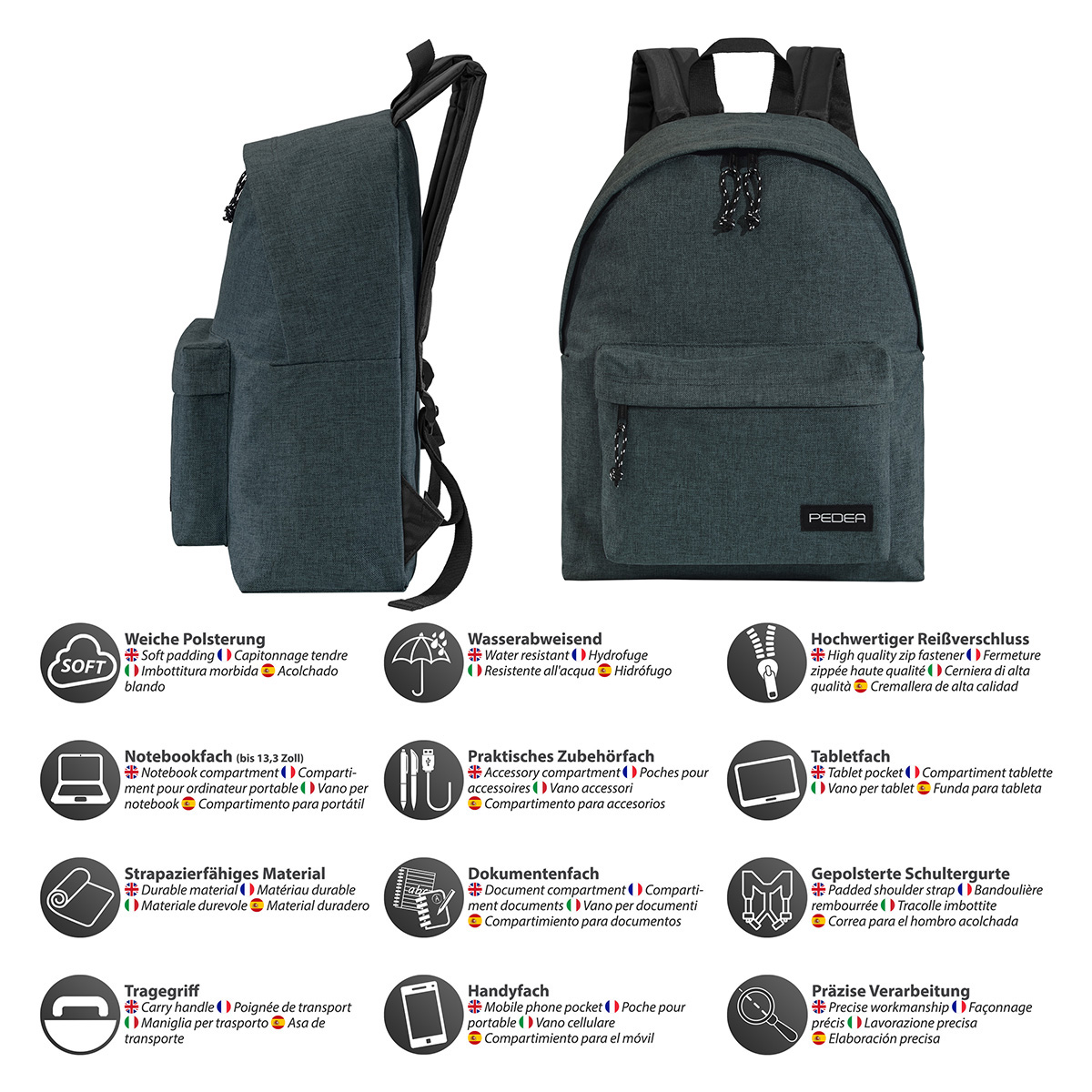 Grüner Rucksack mit mehreren Taschen und Textbeschriftungen.