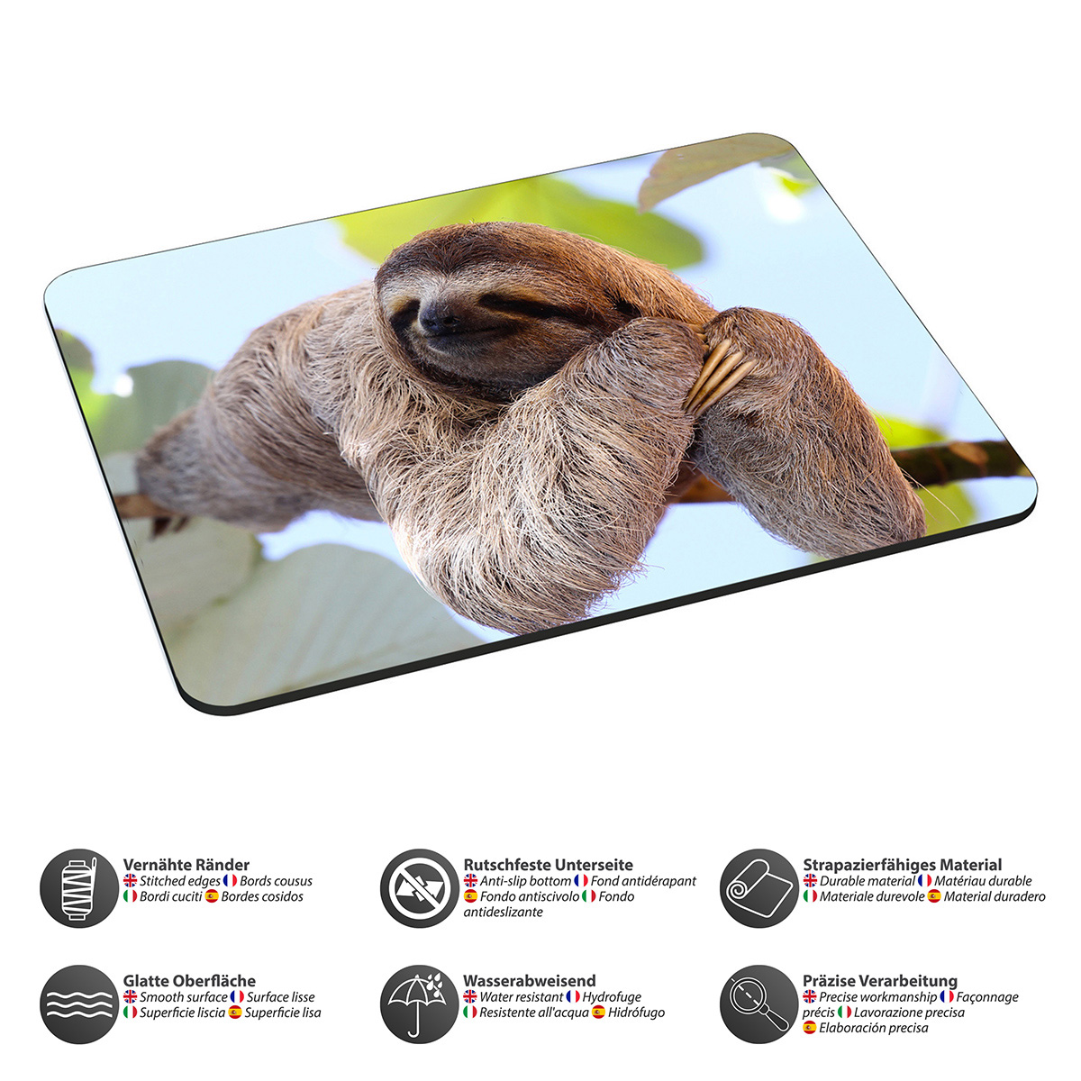 Faultier auf einem Blatt, eine Mousepad mit dem Bild, mit Text.