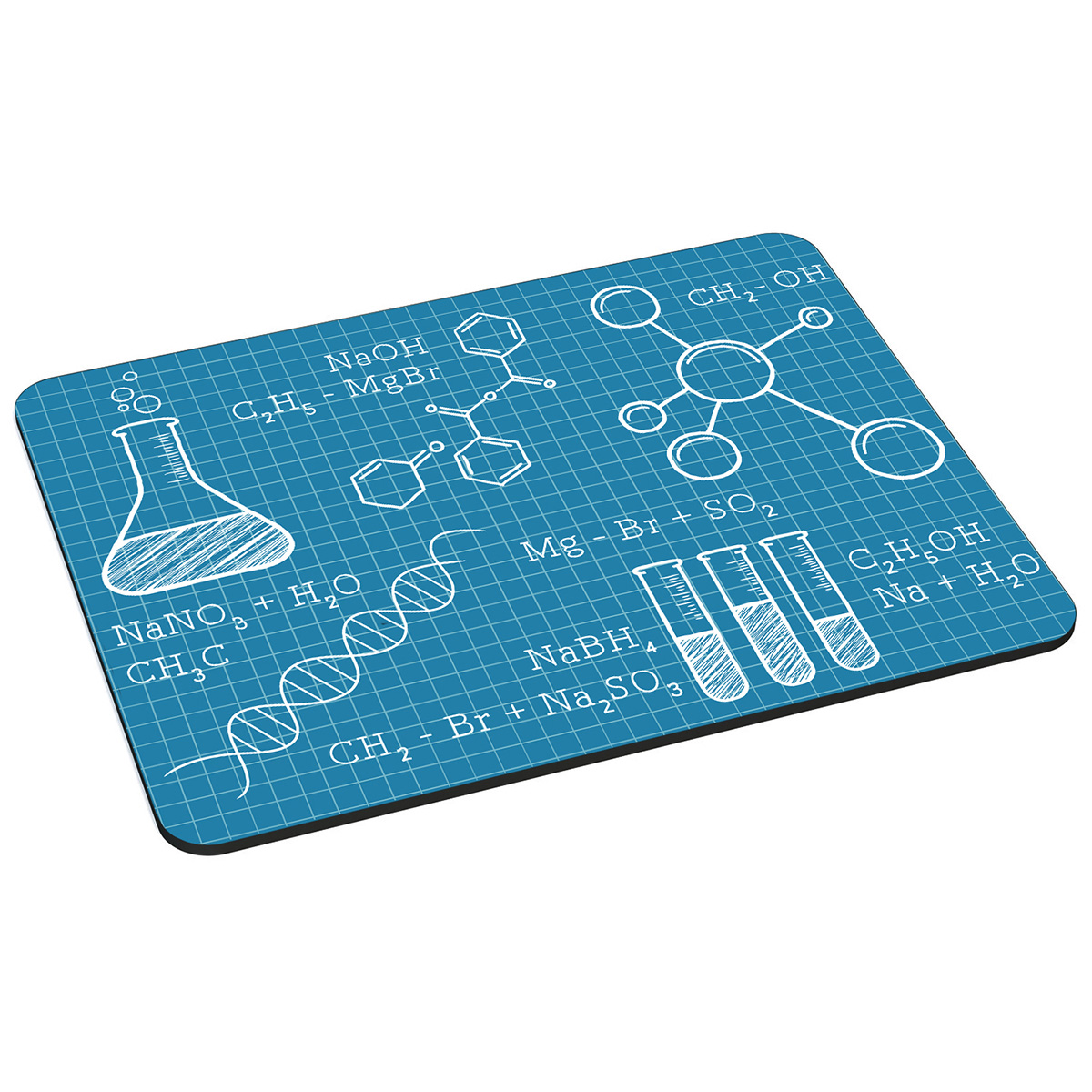 Blaues Mousepad im Blaupausenstil mit chemischen Formeln und Zeichnungen von Laborgeräten.