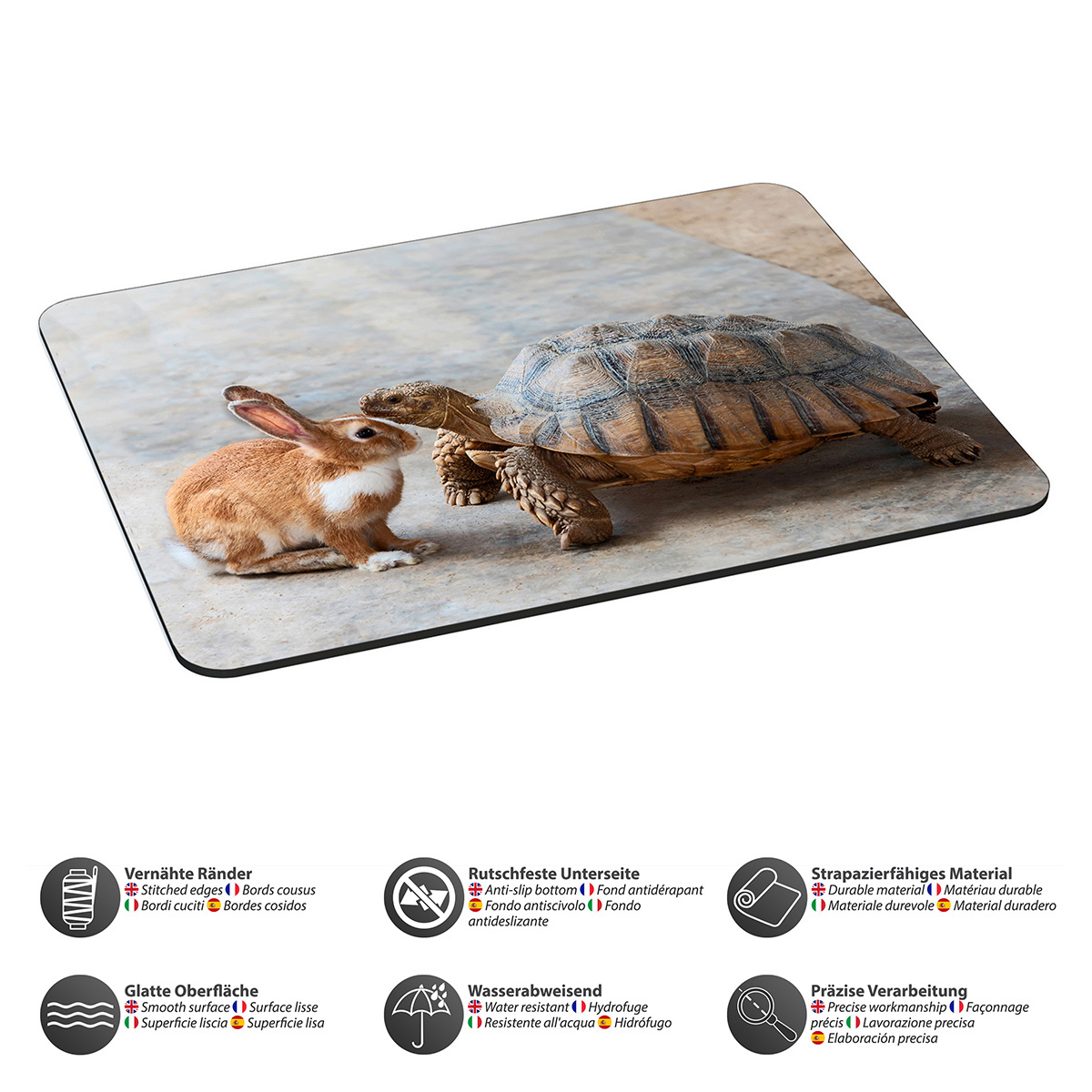 Mauspad mit Hase und Schildkröte. Enthält Symbole und Text zu den Eigenschaften.