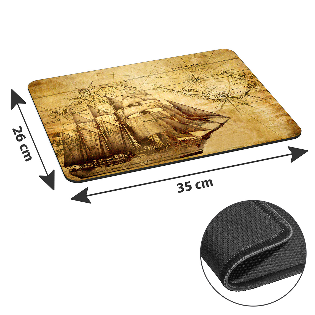 Mauspad mit Vintage-Karte und Segelschiff, mit Abmessungen und Nahaufnahme.