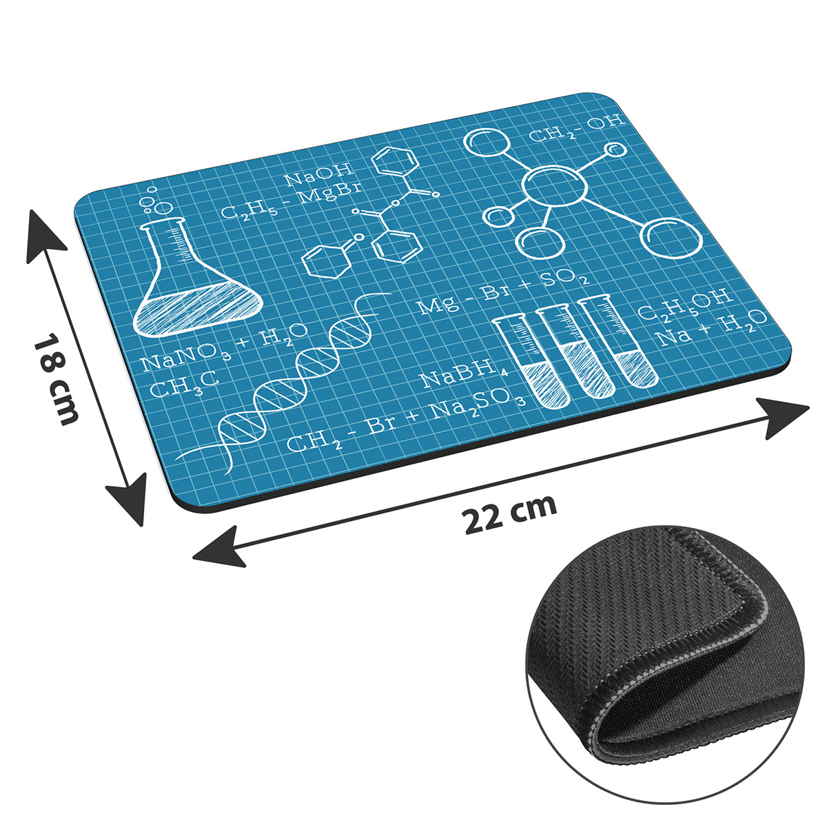 Blaues Mousepad mit chemischen Formeln und Abmessungen. Schwarze Pfeile zeigen auf die Größe.