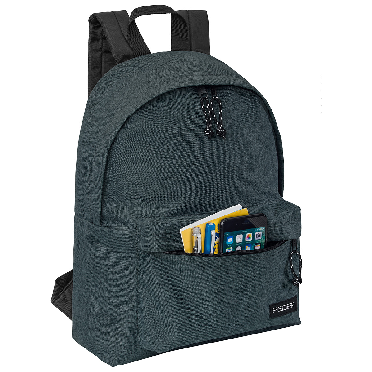 Dunkelgrauer Rucksack mit einer Vordertasche, in der sich ein Telefon und andere Gegenstände befinden. Schwarze Riemen.