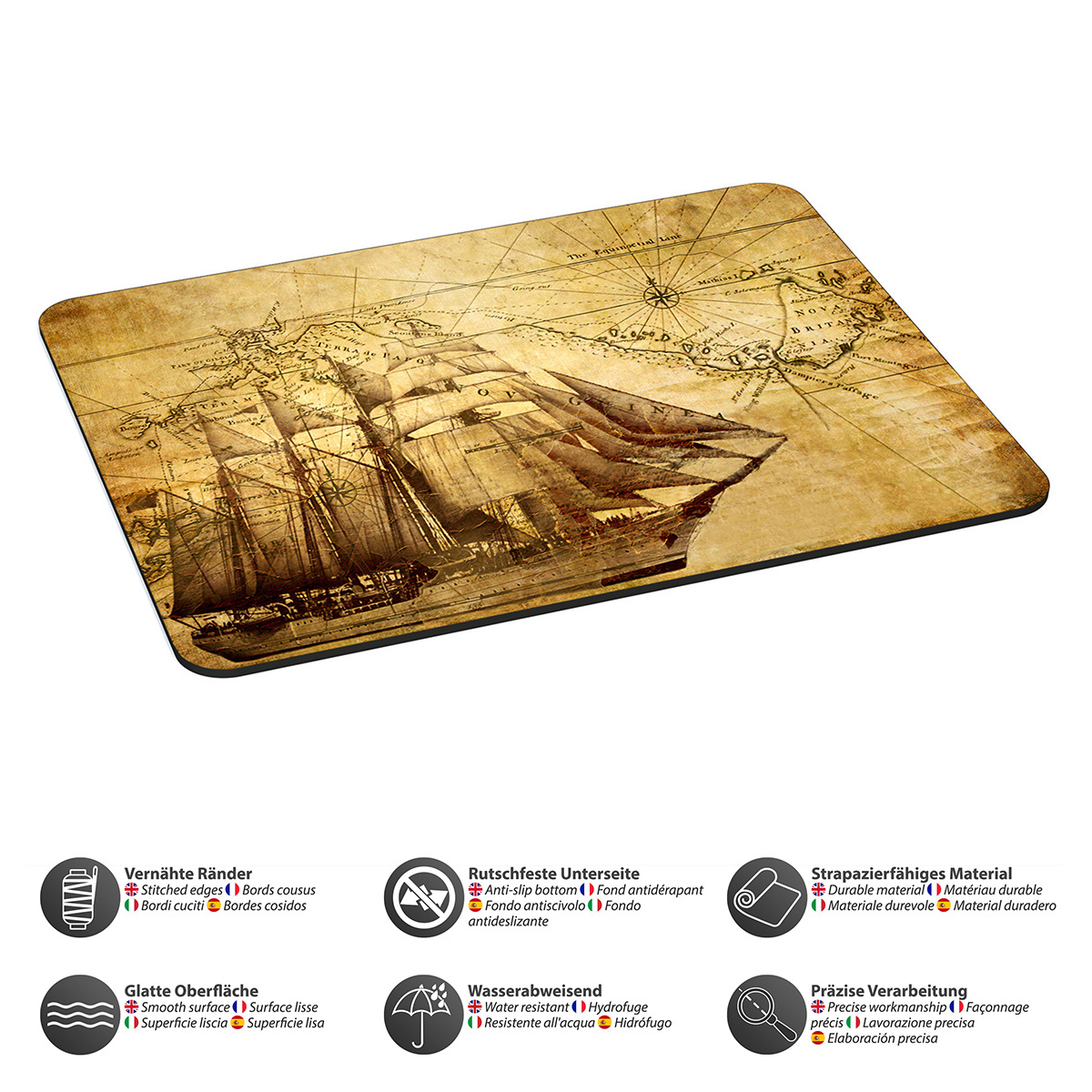 Eine Mousepad im Vintage-Stil mit einer Karte und einem Segelschiff.