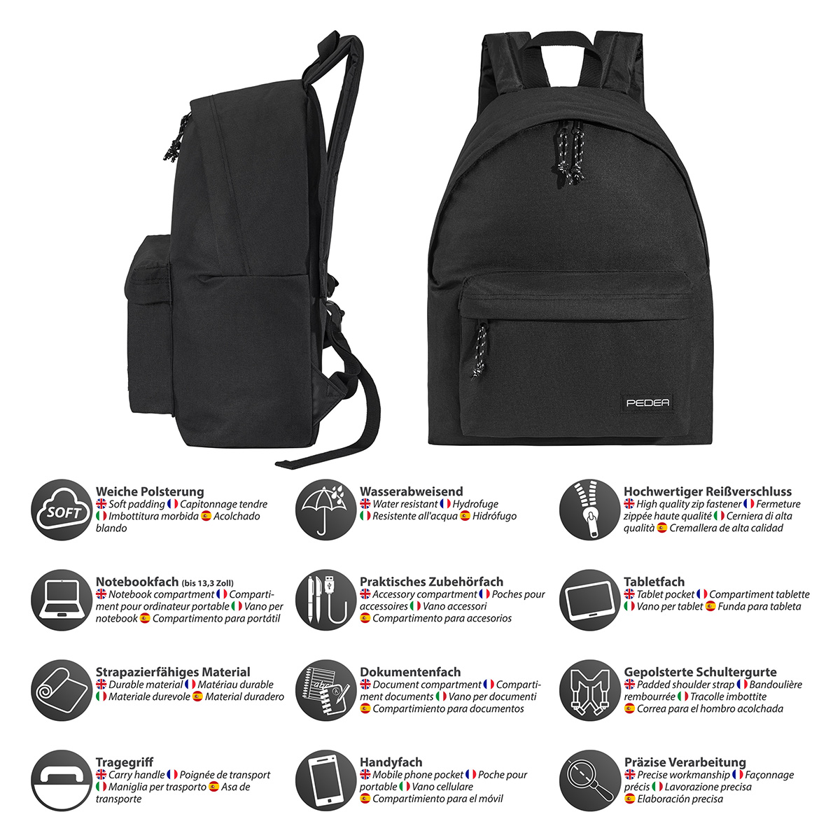 Schwarzer Rucksack mit mehreren Taschen und Funktionen. Text und Symbole sind vorhanden. Weißer Hintergrund.