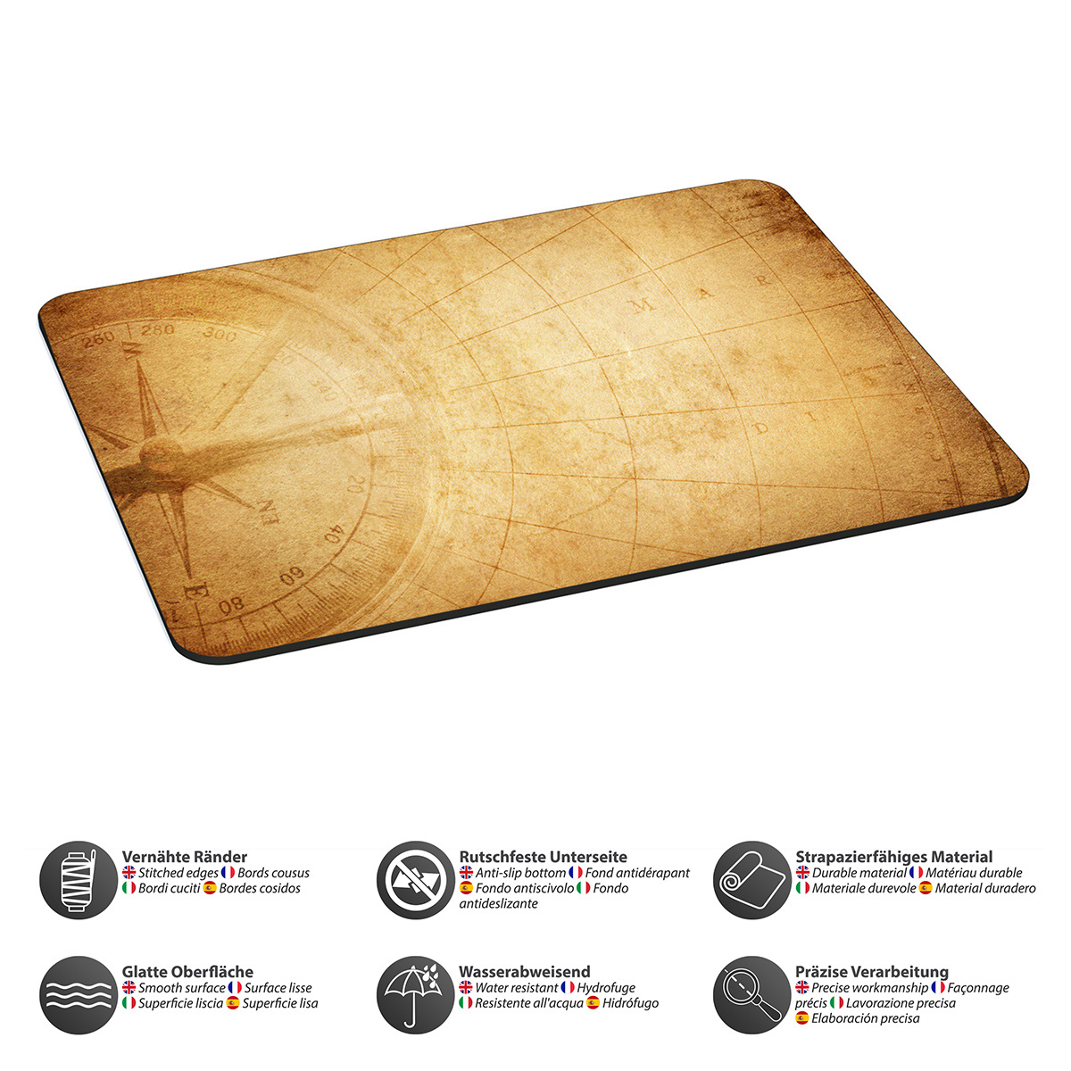 Ein beigefarbenes Mousepad mit Kompass-Design. Der Hintergrund ist hellbraun, mit schwarzem Rand, mit Symbolen.