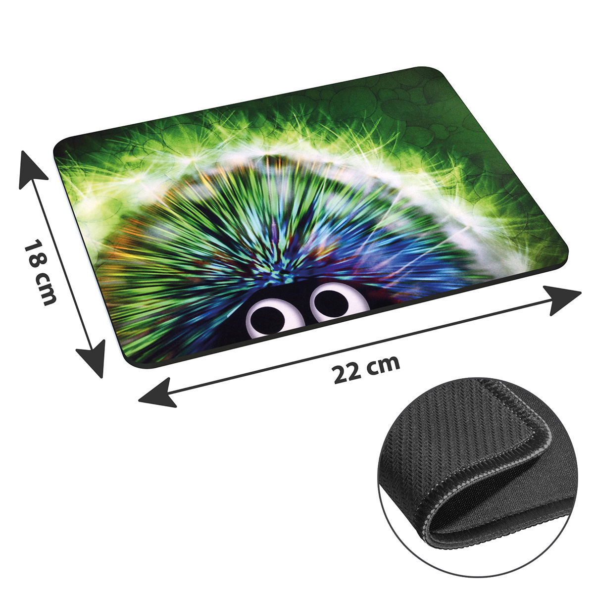 Mauspad mit Cartoon-Augen-Design, Maße in cm und Nahaufnahme der Unterseite.