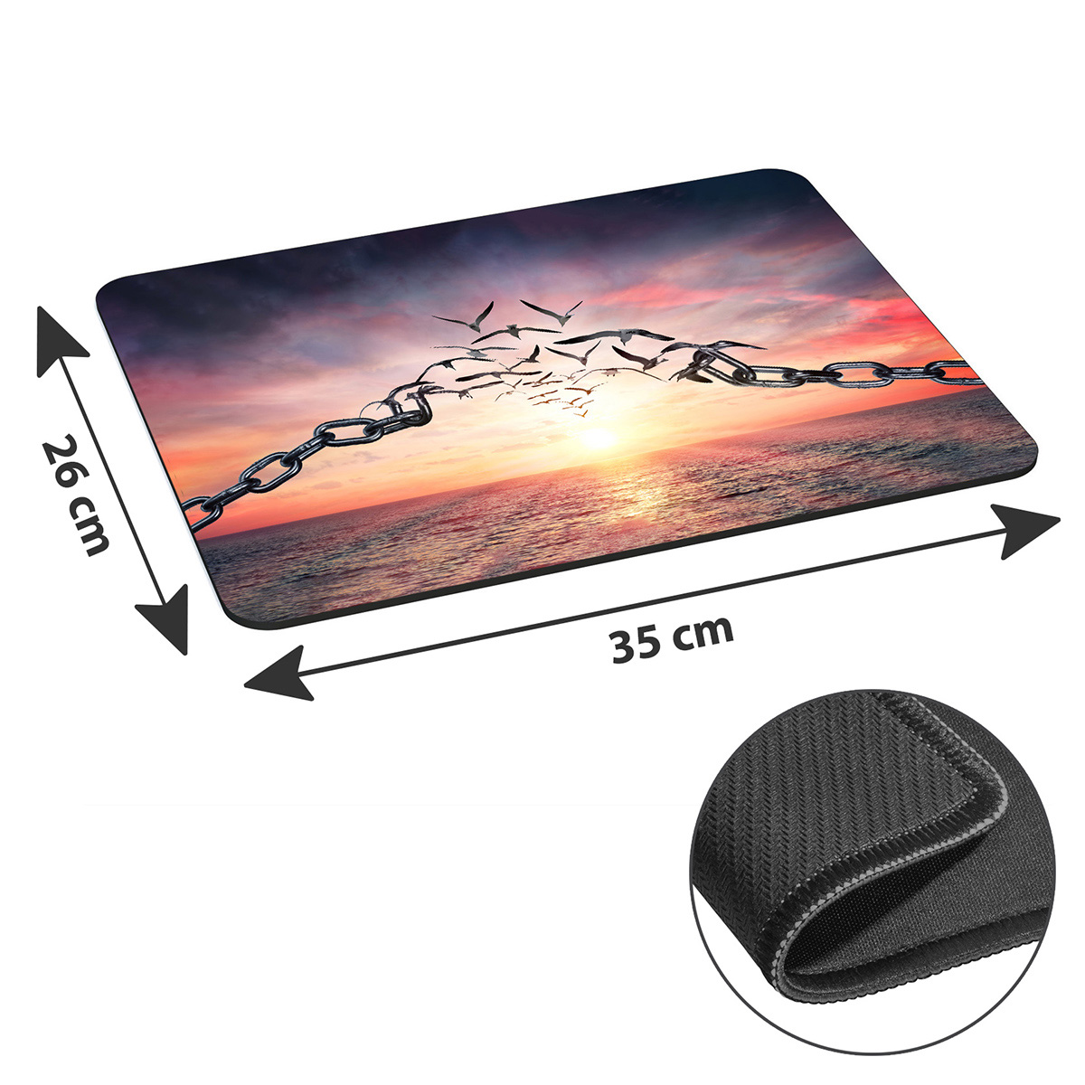 Mauspad mit Sonnenuntergang und Kettenbild, Abmessungen angegeben.