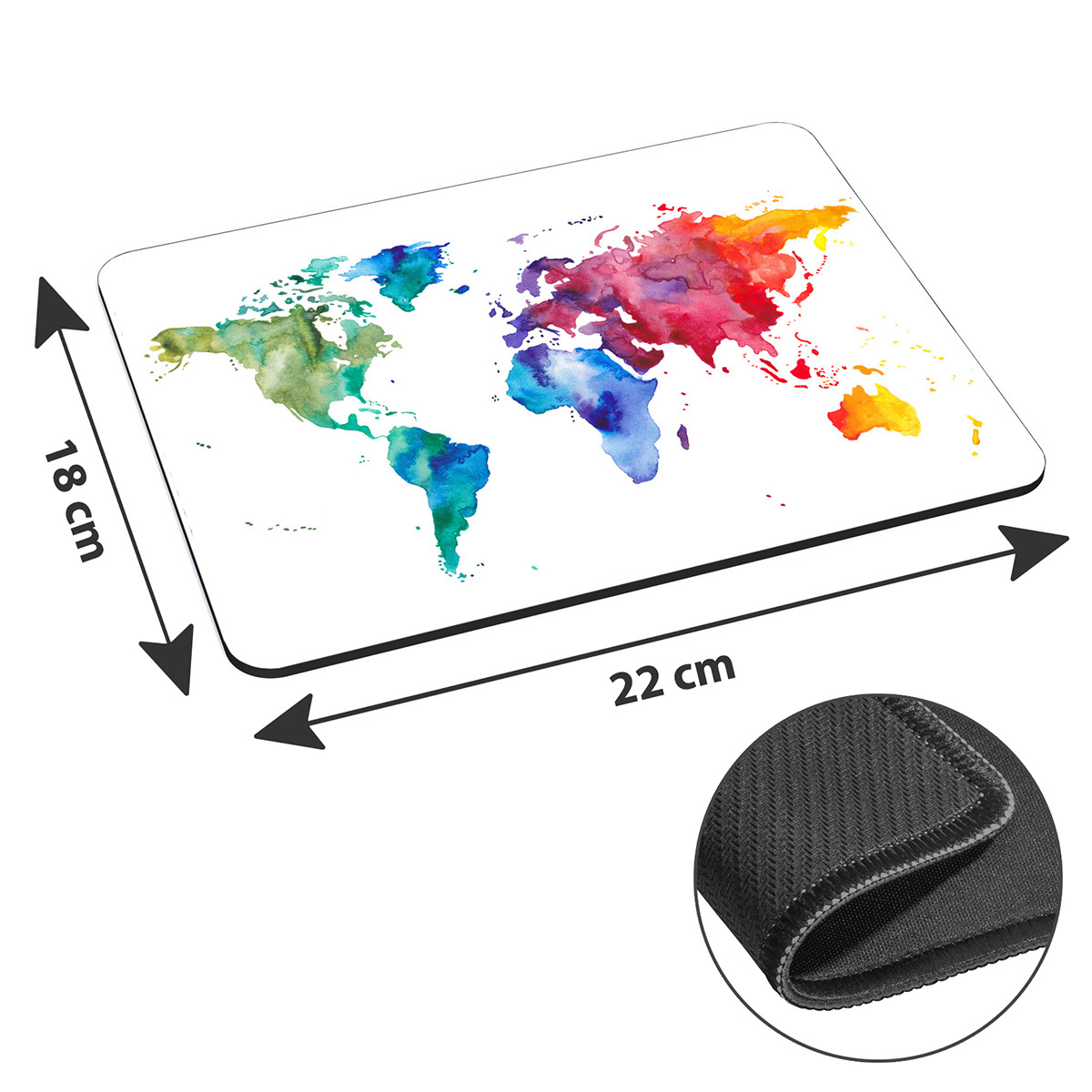 Mauspad mit einer bunten Aquarellkarte der Welt. Abmessungen werden angezeigt.